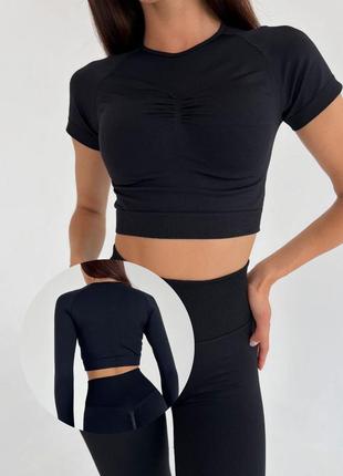 Спортивный женский костюм-тройка для фитнеса и йоги push up 2.0 (рашгард, кроп-топ, леггинсы) - черный