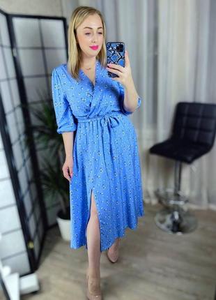 Штапельное платье с принтом голубой+принт р. 48-56