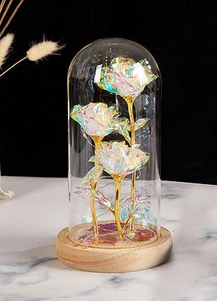 Три розы в колбе lesko ky-46456 теплый свет с led подсветкой ночник под стеклянным куполом 1шт