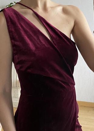 Сукня оксамит бархат винного кольору марсала з розрізами1 фото