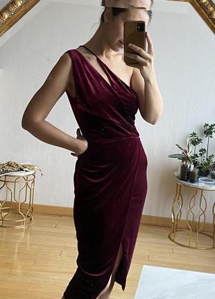 Сукня оксамит бархат винного кольору марсала з розрізами5 фото