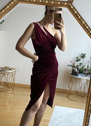 Сукня оксамит бархат винного кольору марсала з розрізами6 фото
