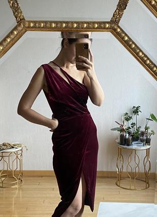 Сукня оксамит бархат винного кольору марсала з розрізами4 фото