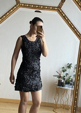 Платье мини черного цветка аппликация бисер индпошив2 фото