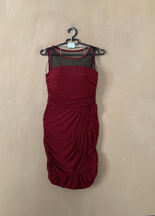 Вечірня сукня плаття в жатку верх сіточка розмір xs s бордового кольору граціозна