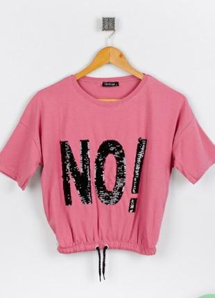 Стильная розовая футболка с надписью пайетками оверсайз топ1 фото