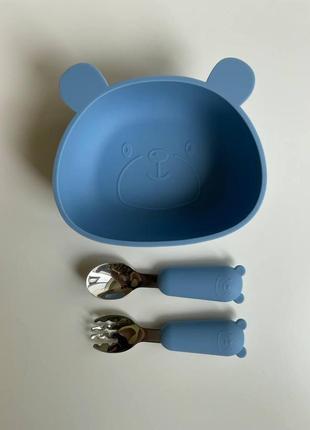 Детская силиконовая тарелка “медвежонок” с набором приборов1 фото