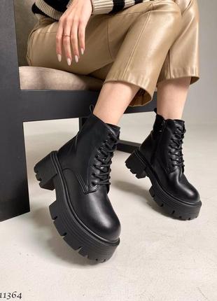 Черные натуральные кожаные зимние короткие низкие ботинки на шнурках шнуровке высокой толстой подошве платформе зима кожа9 фото