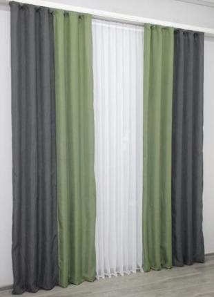 Штори комбіновані в вітальню/спальню (2шт.1,5х2,7м) льон. колір темно-сірий з оливковим2 фото