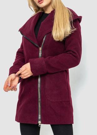 Женское пальто с капюшоном цвет бордовый3 фото