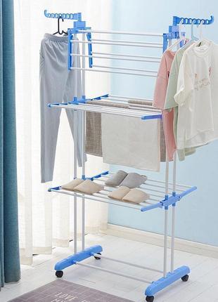 Сушилка для белья garment rack with wheels 3 яруса (серый, синяя, розовая)6 фото