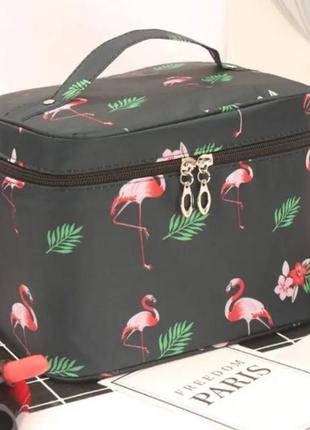 Вмістка косметичка чемодан сірого кольору з фламінго