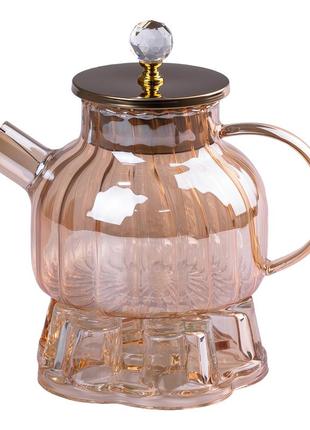 Чайник заварювальний скляний з бамбуковою кришкою 1 л чайний набір з підсвічником1 фото