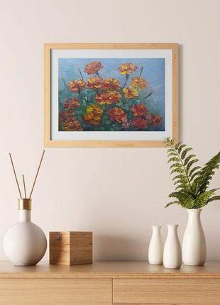 Картина чернобривцы, масляные краски, бумага8 фото