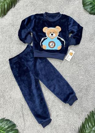 Костюм синий детский теплый, зимний, махровый, плюшевый костюмчик кофта брюки плюш пижама подарок на мыкола новый год для мальчика