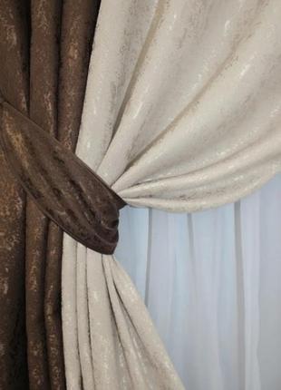 Комбіновані штори в вітальню (2шт.1,5х2,7м) льон. колір коричневий з бежевим2 фото