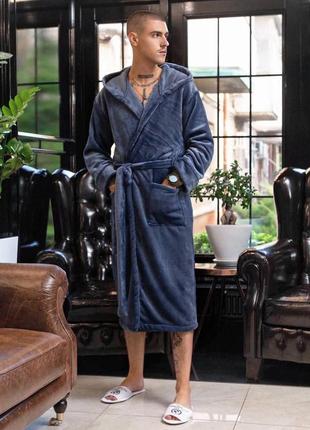 Турецкий теплый мужской домашний махровый халат на запах с карманами ткань полированная махра цвет синий1 фото