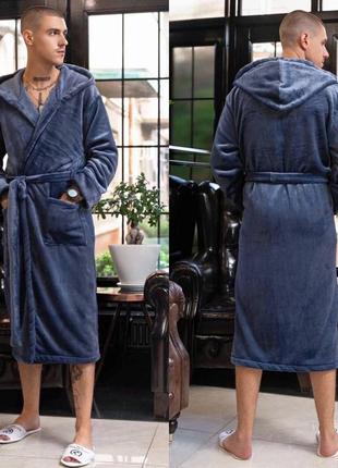 Турецкий теплый мужской домашний махровый халат на запах с карманами ткань полированная махра цвет синий6 фото