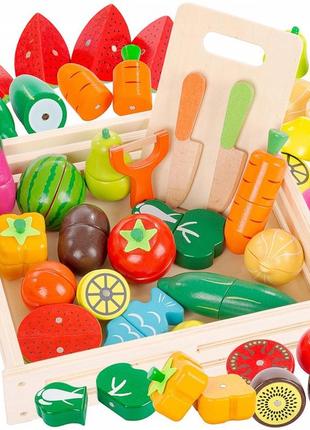 Деревянные фрукты и овощи для нарезки в ящике