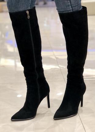Жіночі замшеві демі чоботи на високій шпильці чорні з гострим носиком 600218r-509-15 brokolli 30395 фото