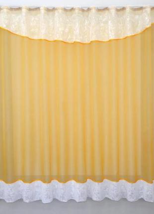 Гардина на кухню (270х170см) з ламбрекеном. колір темно-жовтий з білим1 фото