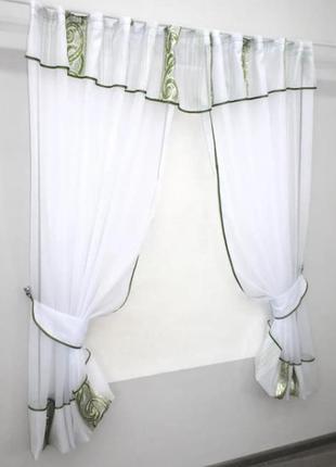 Кухонна фіранка (300х170см) з ламбрекеном. колір білий з зеленим3 фото