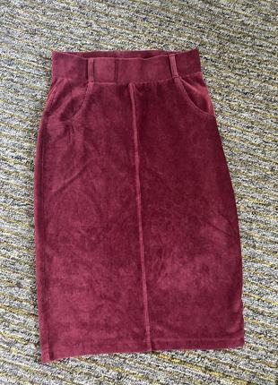 Бордовая свободветовая юбка плюшевая марсала мягкая миди карандаш в утяжелике s