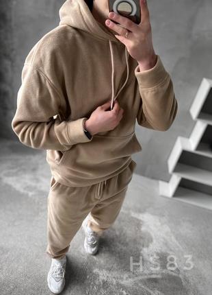 Костюм худи штаны флис/Розовый теплый спортивный костюм оверсайз с капюшоном