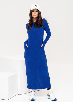 Синее ангоровое длинное платье с карманами, размер s