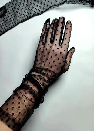 Перчатки длинные женские черные в горошек прозрачная сеточка перчатки высокие для фотосессии2 фото