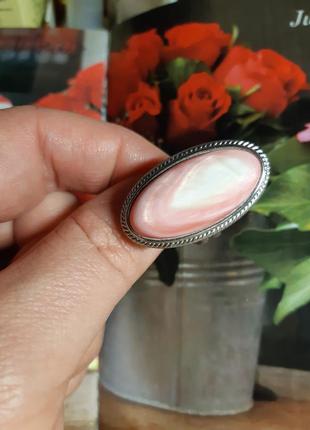 Кольцо кольцо розовое ракушка перламутр, серебристый, увесистый8 фото