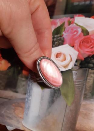 Кольцо кольцо розовое ракушка перламутр, серебристый, увесистый2 фото