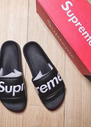 Сланцы женские, мужские supreme, черные (суприм, тапочки, шлепки, шлепанцы, вьетнамки)1 фото