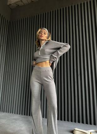 Костюм из ангоры в рубчик свитер оверсайз с высоким воротом под горло на молнии кофта брюки свободного кроя широкие брюки комплект черный серый бежевый