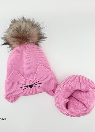 Теплая шапочка на флисе с ушками и хомут, зимняя шапка на флисе и снуд3 фото