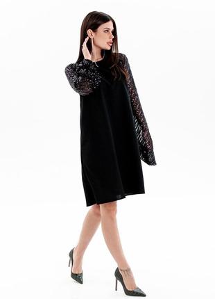 Черное платье-трапеция с блестящими рукавами, размер s2 фото