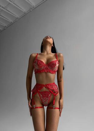 Комплект нижнего белья цветочный принт красный эротичный сексуальный кружевной кружевый с поясом со стяжками с лямками8 фото