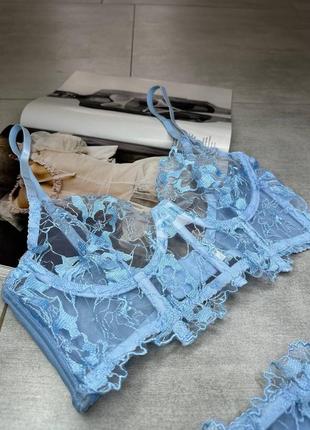 Комплект нижнего белья цветочный принт вышивка бюст с косточками корсет кружевый кружевной полупрозрачный голубой8 фото
