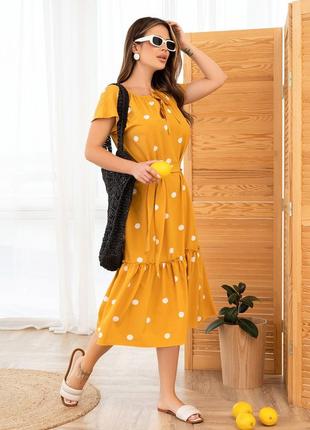 Свободное горчичное платье в горох, размер 3xl2 фото