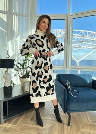 Женское долгое теплое трикотажное платье макси леопард, пятна, xs, s, m1 фото