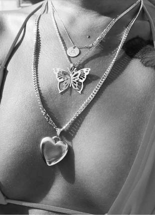 Ожерелье колье длинная цепочка многослойная серебристая с подвеской сердце бабочка цепочка