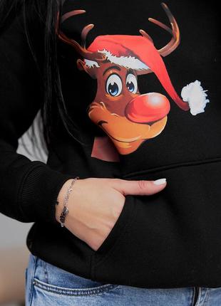 Худі — кенгуру жіноче, тепле бавовняне, флісове, з капюшоном, новорічний подарунок, чорне1 фото