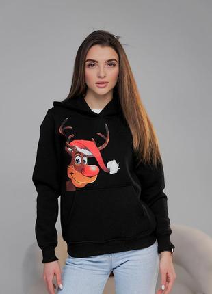 Худі — кенгуру жіноче, тепле бавовняне, флісове, з капюшоном, новорічний подарунок, чорне3 фото