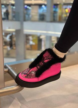 Розовые фуксия малиновые ботинки хатопы с опушением из норки6 фото