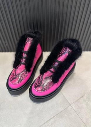 Розовые фуксия малиновые ботинки хатопы с опушением из норки3 фото