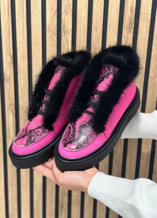 Розовые фуксия малиновые ботинки хатопы с опушением из норки7 фото