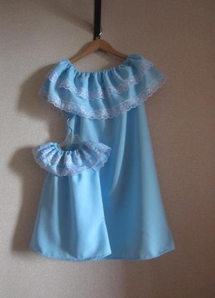 Комплект парных платьев мама дочка двойной волан с кружевом