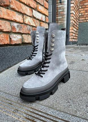 Ботинки, серый, натуральная замша, деми/зима