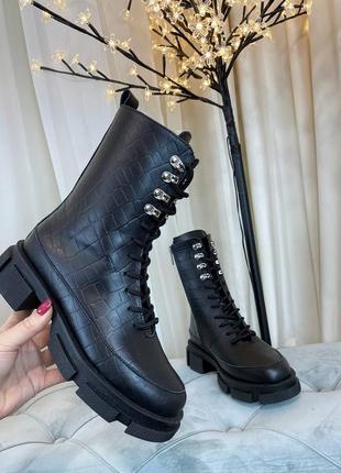 Черевики, к043, чорні, натуральна шкіра з тисненням, демі/зима