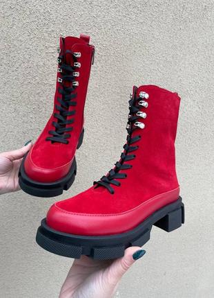 Ботинки, к043, красный, натуральная замша, деми/зима